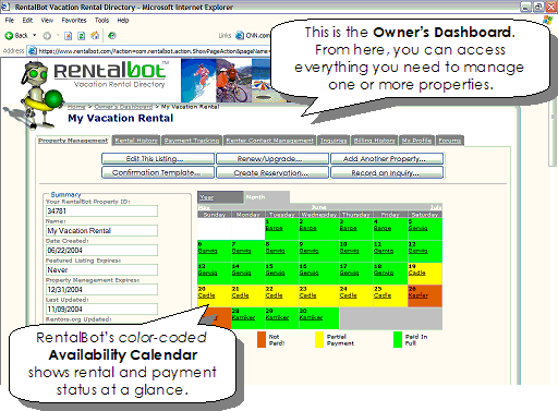 This is the Owner�s Dashboard.  From here, you can access everything you need to manage one or more properties.  RentalBot�s color-coded Availability Calendar shows rental and payment status at a glance.