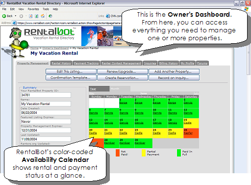 This is the Owner�s Dashboard.  From here, you can access everything you need to manage one or more properties.  RentalBot�s color-coded Availability Calendar shows rental and payment status at a glance.